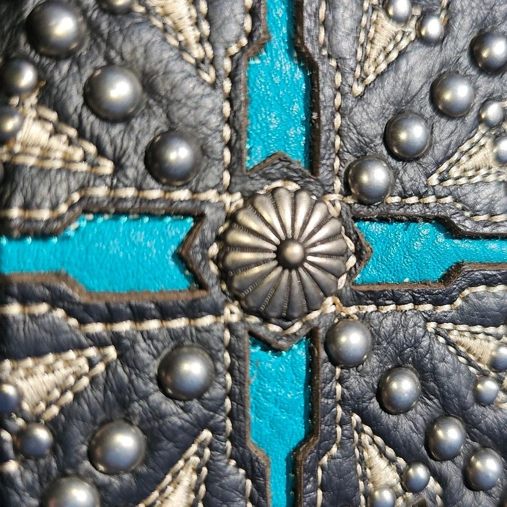 Black and Blue Embellished Studded Western Women's Crossbody Leather Bag Details - Picture 4 of 14